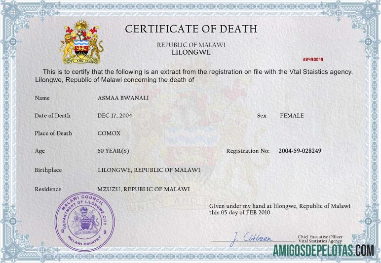 Certidão de Óbito do Malaui modelo
